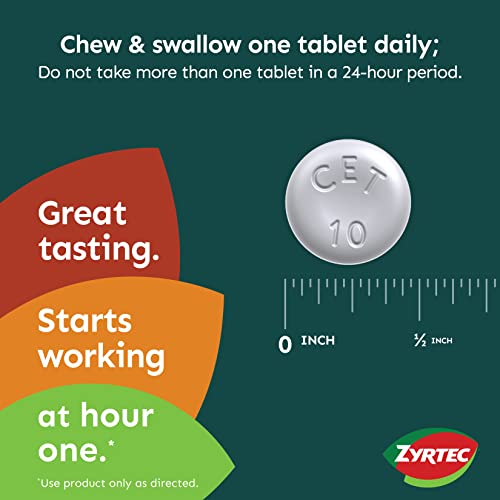 Zyrtec 24 Hour Allergy Relief Chewable Tablets, 10 mg Antihistamine Cetirizine HCl per Tablet, Medicine Relieves Hay Fever & Indoor & Outdoor Allergy Symptoms, Dye-Free, 24 Ct