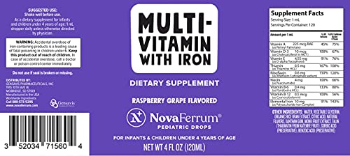 NovaFerrum Yum | Multivitamin with Iron for Infants, Toddlers & Kids | Immune Support | Ages 4 & Under | Gluten Free Certified | Sugar Free | Raspberry Grape | 120 mL