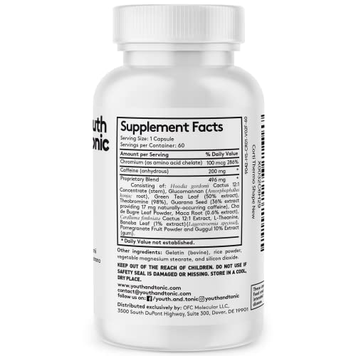 Youth & Tonic Corti-Thermo Shape 60 Capsules Advanced Diet Pills as Support for Energy Metabolism Focus Cravings for Men and Women with Caffeine Chromium Glucomannan Guarana Hoodia Gordonii I