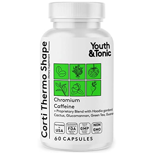 Youth & Tonic Corti-Thermo Shape 60 Capsules Advanced Diet Pills as Support for Energy Metabolism Focus Cravings for Men and Women with Caffeine Chromium Glucomannan Guarana Hoodia Gordonii I
