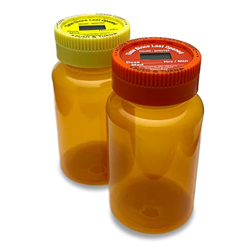 TimerCap Automatically Displays Time Since Last Opened - Built-in Stopwatch Smart Pill Bottle Cap Medication Reminder Case (Qty 2-4.0 oz Amber Bottles) CRC