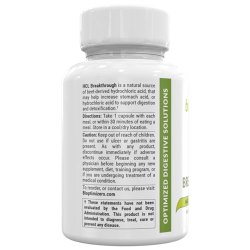 BiOptimizers HCL Breakthrough - Betaine Hydrochloride Enzymes Supplement - Assists with Protein Breakdown and Absorption - Helps Gas and Heartburn Relief - 90 Pepsin-Free Capsules