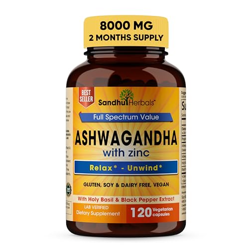 SANDHUHERBALS Ashwagandha Supplement|120 Organic 4 in 1 Capsules, 2 months supply|8000mg with Zinc, Black Pepper and Holy Basil Extract|Stress Relief, Mood, Immune & Energy Support|Non-GMO,Made in USA