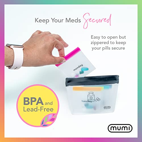 mumi Pill Pouch Set, 7 Mini Zip Pill Organizers, Large Reusable Travel Pill Container, Color-Coded Medicine Bags, Organize Pills & Small Items