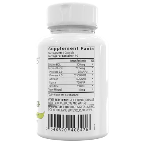 BiOptimizers HCL Breakthrough - Betaine Hydrochloride Enzymes Supplement - Assists with Protein Breakdown and Absorption - Helps Gas and Heartburn Relief - 90 Pepsin-Free Capsules