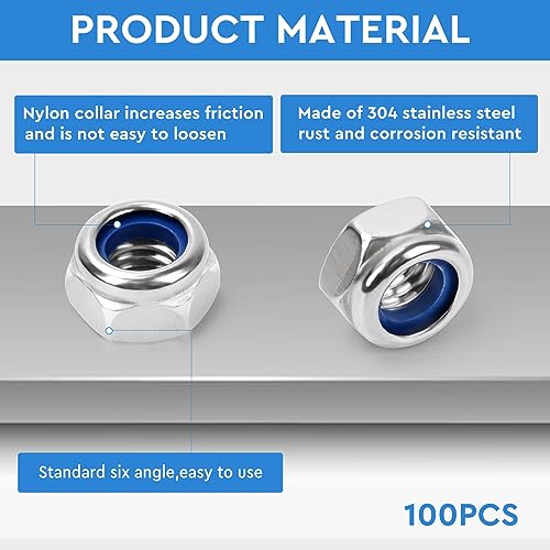 KUANSTORE 100Pcs M6 x 1.0mm Nylon Inserted Hex Lock Nuts Stainless Steel Silver DIN985 Self - Locking Nylon Lock Nuts Plain Finish for Industrial Construction Fasteners – Locknuts - M6 Hardware Nuts