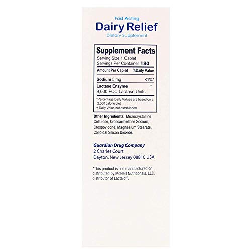 Guardian Dairy Relief Fast Acting Lactase, 180 Caplets, 9000 FCC Maximum Strength, Lactose Intolerance Pills, Lactase Enzyme (180 CT)