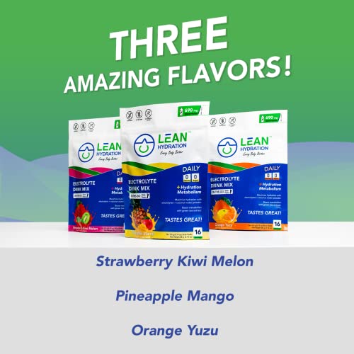 LEAN Hydration Daily Electrolyte Hydration Packets Drink Mix | Hydrate – Metabolize – Energize | Zero Calories, Zero Sugar plus Vitamins, Minerals & Green Tea Extract | 16 ct (Pineapple Mango)