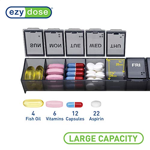 EZY DOSE Weekly (7-Day) Pill Organizer, Vitamin Planner, And Medicine Box, Large Compartments, Black, Made in The USA