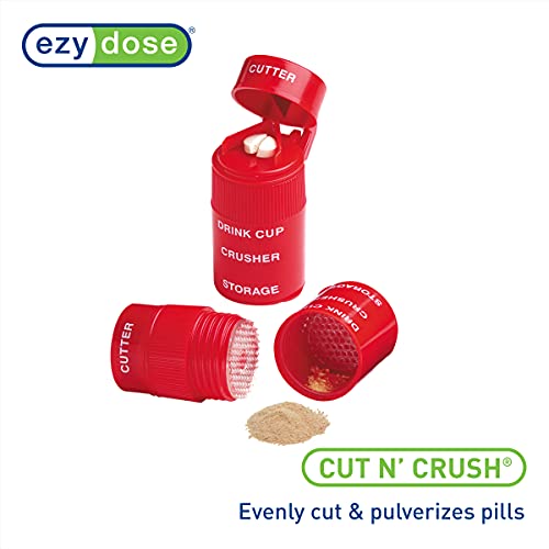 Ezy Dose Pill Crusher, Cutter and Grinder, Crushes Pills, Vitamins, Tablets, Stainless Steel Blade, Removable Drinking Cup, Red