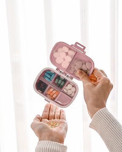 TULLWCY Daily Pill Organizer, 8 Compartments Portable Pill Case, Pill Box to Hold Vitamins, Cod Liver Oil, Pink