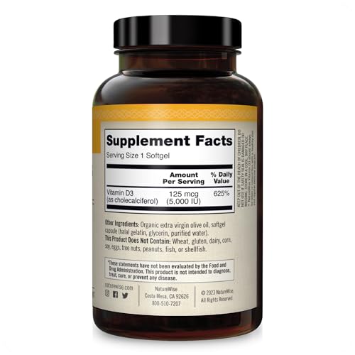 NatureWise Vitamin D3 5000iu (125 mcg) 1 Year Supply for Healthy Muscle Function, and Immune Support, Non-GMO, Gluten Free in Cold-Pressed Olive Oil, Packaging Vary ( Mini Softgel), 360 Count