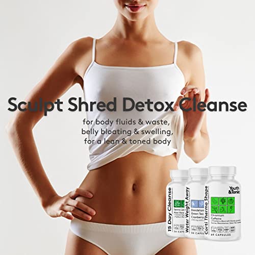 Sculpt Shred Cleanse Detox as 3x Action Diet Pills for Puffiness Belly Bloating & Loss of Waste, Energy & Metabolism with Corti-Thermo Shape + Water Pills + 15 Day Colon Cleanser | 120 capsules