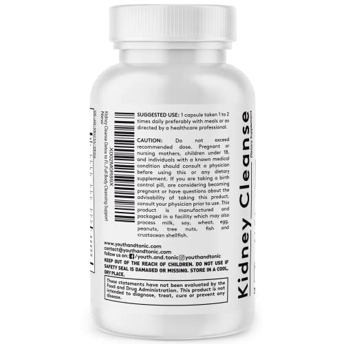 Youth & Tonic Kidney Cleanse Detox for Residual Metabolic Waste & Excess Body Water for Urinary Tract & Bladder Health 30 Capsules