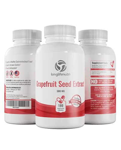 Grapefruit Seed Extract 500mg 180 Vegetarian Capsules | Made in USA | GSE Potent Immune Vitamin & Overall Health Supplement | Non GMO Gluten Free Pill