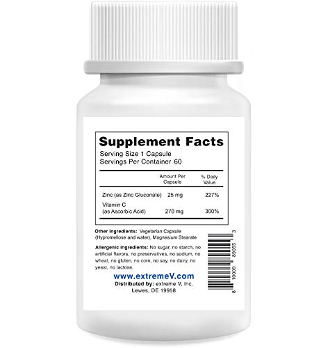 GluzinC Immune Power Combo of 25MG Pharmaceutical Grade Zinc Plus 270MG Vitamin C (60 Vegetarian Capsules)