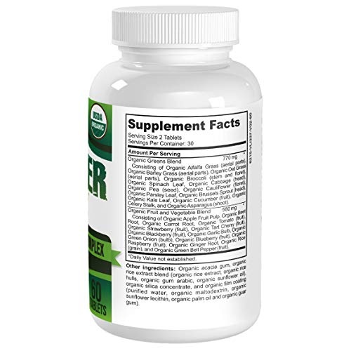 Organic Greens (All-in-1) Superfood Greens Supplements with 28 Superfoods - Multi Greens Supplement Pills - Certified Organic - Easy to Swallow - 60 Tablets