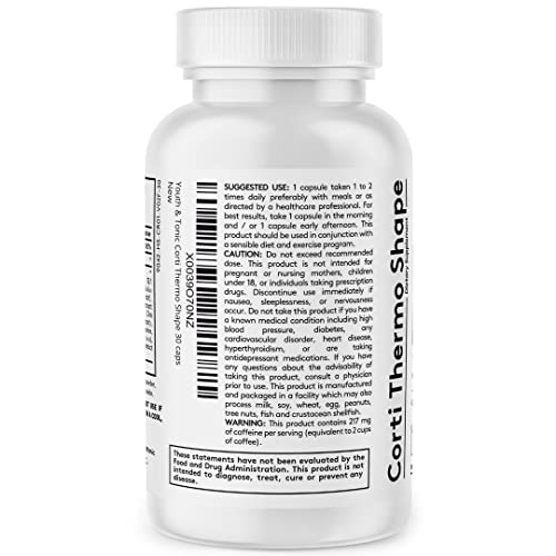 Youth & Tonic Thermogenic Supplement 30 Capsules as Advanced Diet Support for Energy Metabolism Focus Cravings for Men and Women with Caffeine Chromium Glucomannan Guarana Hoodia Gordonii
