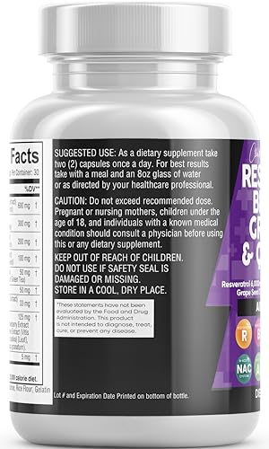 Resveratrol 6000mg Berberine 3000mg Grape Seed Extract 3000mg Quercetin 4000mg Green Tea Extract - Polyphenol Supplement for Women and Men with N-Acetyl Cysteine, Acai Extract - 60 Capsules