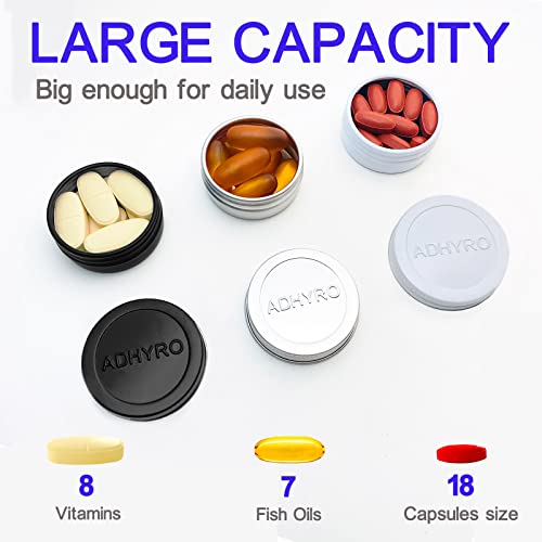 (Clear) ADHYRO Small Pill Case for Purse(3 Pack), Aluminum Portable Pill Box, Single Mini Pill Box Twist On and Off to Hold Vitamins, Fish Oils (Black Silver White)