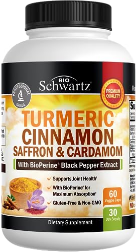 Turmeric Cinnamon Supplement with Saffron and Cardamom Plus BioPerine Black Pepper Extract for Max Absorption - Natural Tumeric Curcumin Joint Support Supplement for Women and Men - 60 Capsules