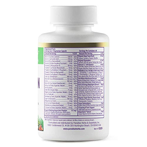 Paradise Herbs Earth's Blend, ORAC Energy Greens, Multivitamin, with Iron, Contains Vitamins A,B,C,D,K2, 60 Vegetarian Capsules