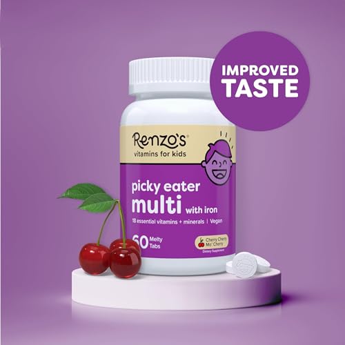Renzo's Picky Eater Kids Multivitamin with Iron, Dissolvable Multivitamin for Kids, Sugar Free Cherry Flavored (60 Melty Tabs)