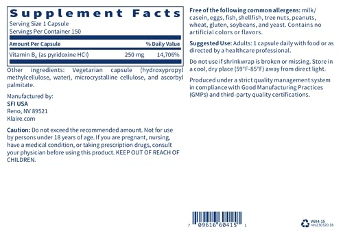 Klaire Labs Vitamin B6-250 Milligrams Hypoallergenic High Potency Pyridoxine HCl for Immune & Nervous System Support, Assists B12 Absorption (150 Vegetarian Capsules)