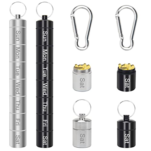 Small Portable Pill Case Keychain for Travel, AngleKai 2 Pack Pill Organizer Aluminium Alloy Small Pill Box Waterproof Pill Container Medicine Bottle Organizer Weekly (Black and Silver)