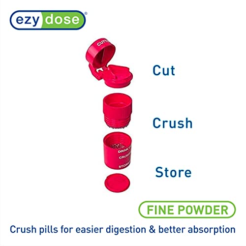 Ezy Dose Pill Crusher, Cutter and Grinder, Crushes Pills, Vitamins, Tablets, Stainless Steel Blade, Removable Drinking Cup, Red
