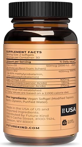 Future Kind Vegan Multivitamins - Glass Bottle & Made for Vegans w/Omega 3 DHA+EPA, Vitamin B12 & D3 - Vegan Vitamin for Energy, Focus, & Mood - Vegan Vitamins for Women & Men, 60 Tiny Softgels