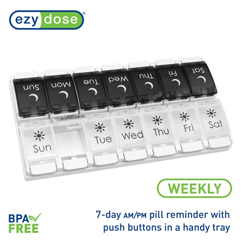 EZY DOSE Push Button (7-Day) Pill Case, Medicine Planner, Vitamin Organizer, 2 Times a Day AM/PM, Removeabale Trays, Large Compartments, Arthritis Friendly, Black and White Lids