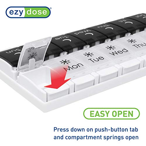 EZY DOSE Push Button (7-Day) Pill Case, Medicine Planner, Vitamin Organizer, 2 Times a Day AM/PM, Removeabale Trays, Large Compartments, Arthritis Friendly, Black and White Lids