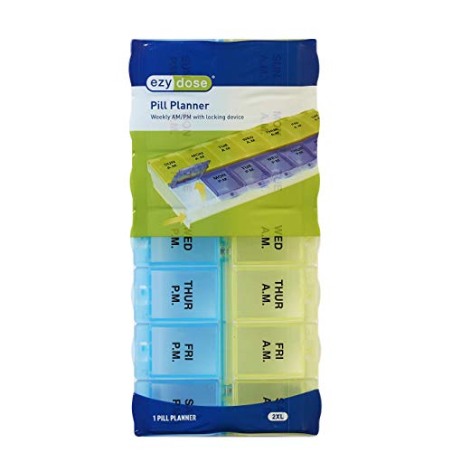 EZY DOSE (14-Day) AM/PM Pill Planner, Medicine Case, Vitamin Organizer Box, 2X-Large Locking Compartments to Secure Prescription Medication and Prevent Accidental Spilling, Color May Vary