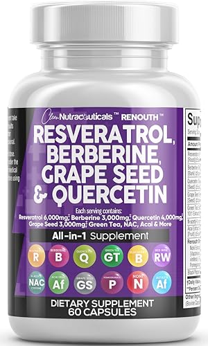 Resveratrol 6000mg Berberine 3000mg Grape Seed Extract 3000mg Quercetin 4000mg Green Tea Extract - Polyphenol Supplement for Women and Men with N-Acetyl Cysteine, Acai Extract - 60 Capsules