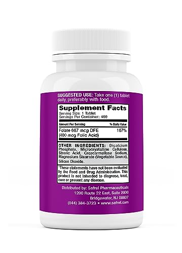 Safrel Folic Acid 400 mcg - Vitamin B9-400 Tablets, Essential Prenatal and Postnatal Vitamin for Fetal Development, Red Blood Cell Production, Cell and Neural Development | Non-GMO, Vegan