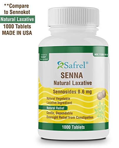 Safrel Senna 8.6 mg Tablets (1000 Count) –Natural Sennosides Vegetable Laxative for Constipation, Bloating, Gas, Irregularity Relief. Safe Overnight Relief | Generic Senokot, Original Value Pack