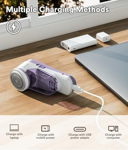Rechargeable Fabric Shaver, Lint Shaver,Lint Remover for Clothes & Furniture, Sweater Shaver with 6-Leaf Blades and Safety Lock,Couch Pilling Remover Depiller for Removing Fuzz, Lint, Pills, Bobbles, Purple