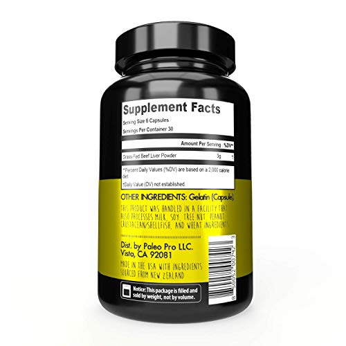 Paleo Pro Liver Gold Premium Beef Organs Capsules, Premium Beef Liver from Grass Fed & Pastured Cows in New Zealand, Dietary Supplement, No Added Hormones or Antibiotics, 180 Capsules