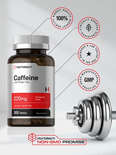 Caffeine Pills 200mg | with Green Tea | 300 Tablets | Vegetarian, Non-GMO & Gluten Free | by Horbaach