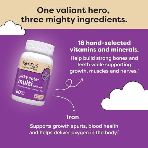 Renzo's Picky Eater Kids Multivitamin with Iron, Dissolvable Multivitamin for Kids, Sugar Free Cherry Flavored (60 Melty Tabs)