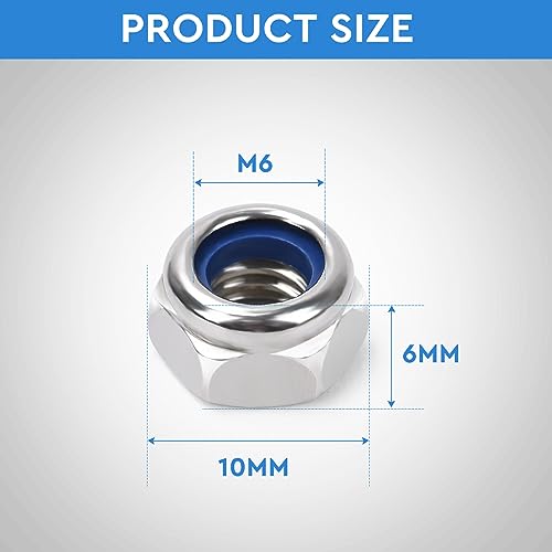 KUANSTORE 100Pcs M6 x 1.0mm Nylon Inserted Hex Lock Nuts Stainless Steel Silver DIN985 Self - Locking Nylon Lock Nuts Plain Finish for Industrial Construction Fasteners – Locknuts - M6 Hardware Nuts
