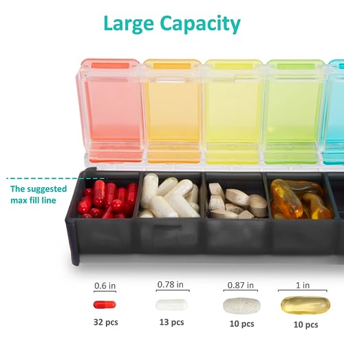 Fullicon Weekly Pill Organizer 7 Day Quick Fill & Spill Proof Designed Large Pill Box with Free Labels Travel Medicine Organizer for Medicine, Vitamin, Fish Oil, Supplement (Rainbow Black Patet)