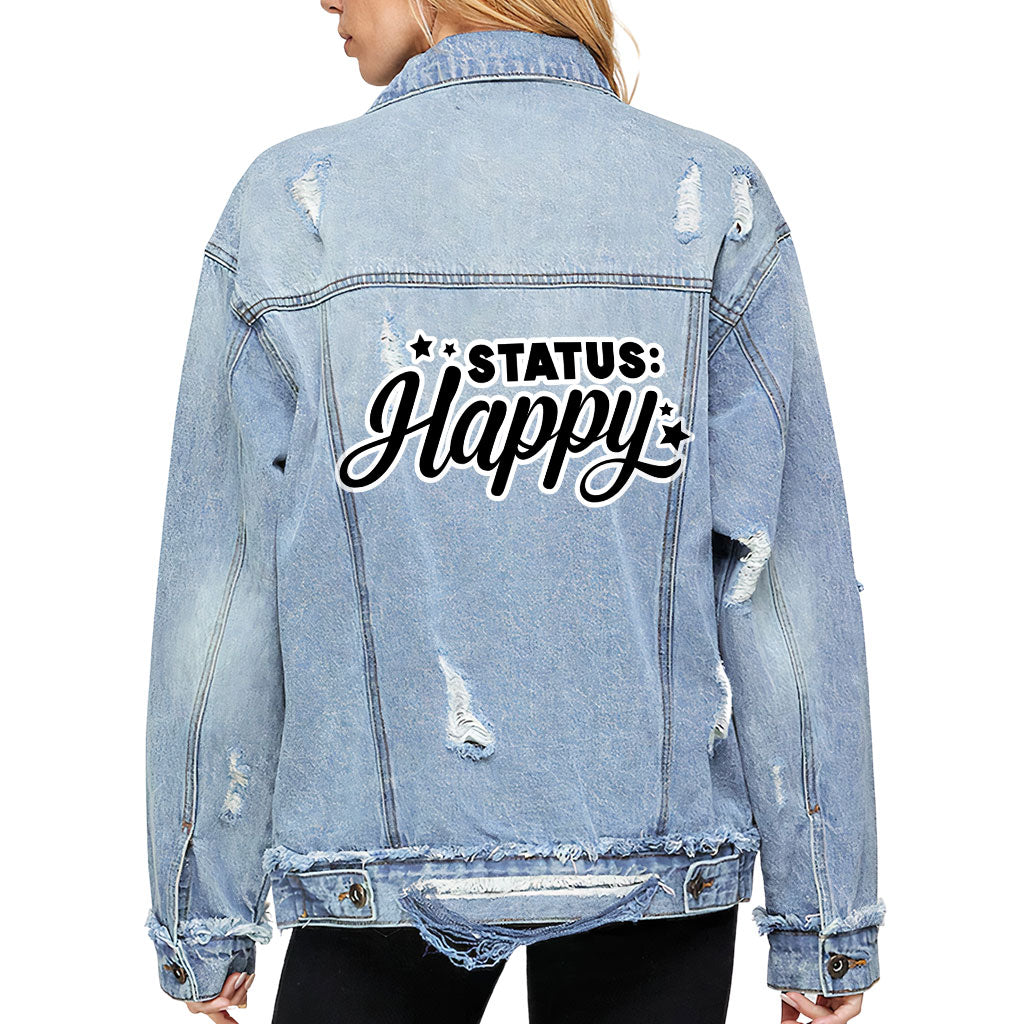 Status Happy Women's Oversized Denim Jacket - Cute Ladies Denim Jacket - Printed Denim Jacket
