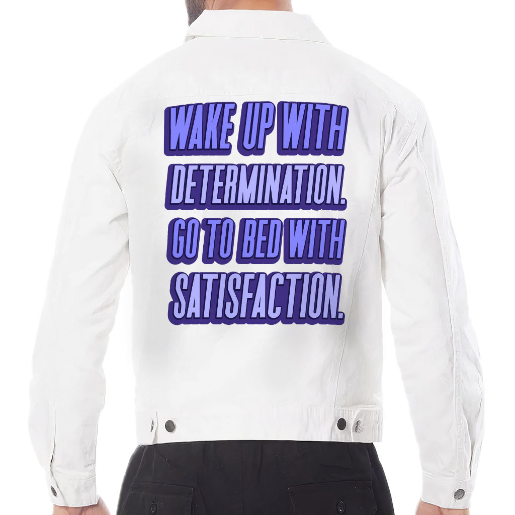 Wake Up With Determination Men's White Denim Jacket - Best Design Denim Jacket for Men - Printed Denim Jacket