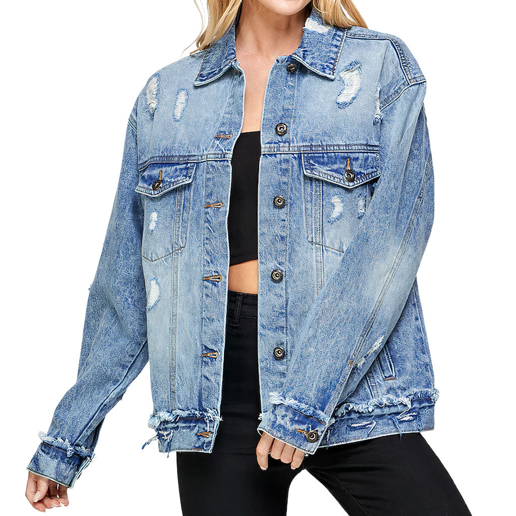 Status Happy Women's Oversized Denim Jacket - Cute Ladies Denim Jacket - Printed Denim Jacket
