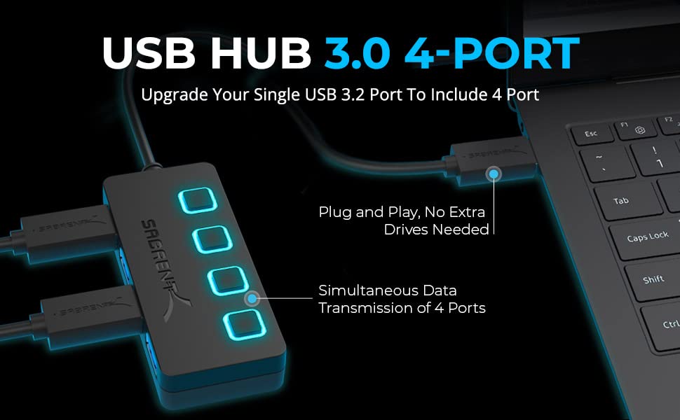 SABRENT 4-Port USB 3.0 Hub with Individual LED Power Switches - Slim, Portable Design - 2 Ft Cable - Fast Data Transfer - Compatible with Mac & PC (HB-UM43)