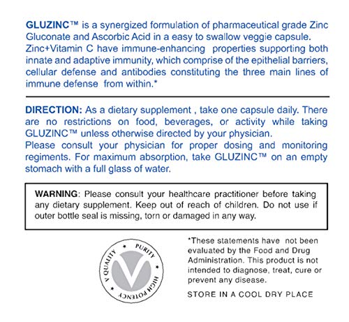 GluzinC Immune Power Combo of 25MG Pharmaceutical Grade Zinc Plus 270MG Vitamin C (60 Vegetarian Capsules)