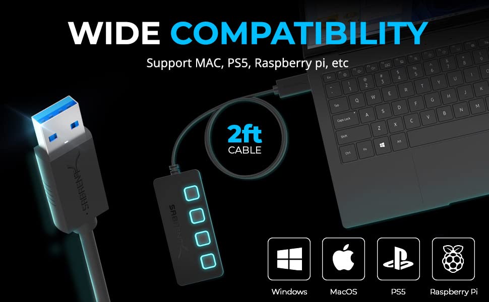 SABRENT 4-Port USB 3.0 Hub with Individual LED Power Switches - Slim, Portable Design - 2 Ft Cable - Fast Data Transfer - Compatible with Mac & PC (HB-UM43)