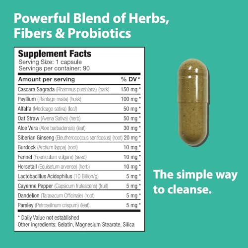 Sanar Naturals Colon Cleanser - Herbal Blend with Probiotics and Fibers - Digestive Health Dietary Fiber Supplement, Gut Cleanse Detox for Women & Men, Contains Cascara Sagrada & Psyllium, 90 Capsules